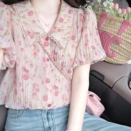 粉色郁金香碎花娃娃领短袖衬衫女夏法式甜美泡泡袖翻领娃娃衫上衣