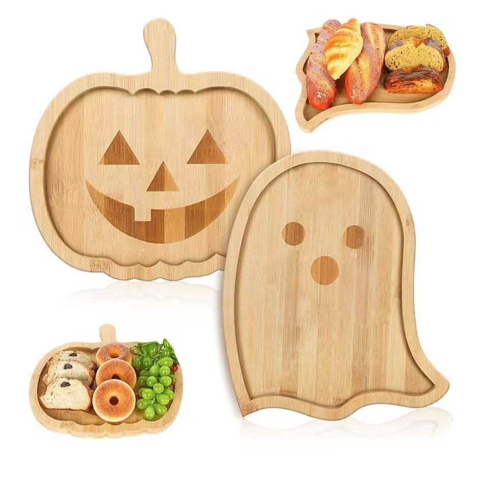 万圣节竹木南瓜幽灵托盘创意实木小鬼托盘家用木质零食点心托盘