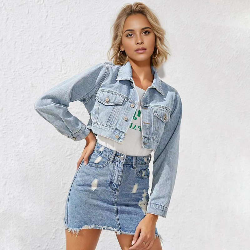 Amazon Shein Tops European and American Cross-Border Export Women's Fashion Lapel Ultra-Short Denim Jacket Jacket for Women Amazon Shein Tops European and American Cross-Border Export Women's Fashion Lapel Ultra-Short Denim Jacket Jacket for Women