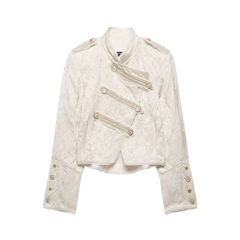 Cross-border 2026 Spring and Autumn New European and American Style Military-Inspired Jacquard Short Stand-Collar Double-Breasted Slim-Fit Jacket for Women Cross-border 2026 Spring and Autumn New European and American Style Military-Inspired Jacquard Short Stand-Collar Double-Breasted Slim-Fit Jacket for Women