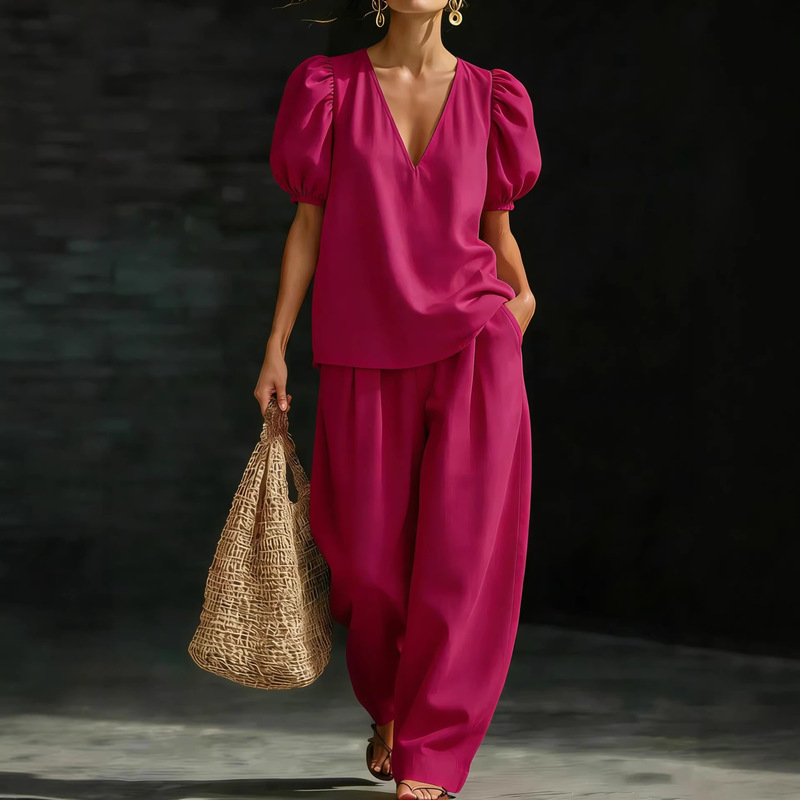 European and American Cross-Border Foreign Trade Independent Site Amazon Puff Sleeve Solid Color V-Neck Short Sleeve Fashion Casual Women's Set European and American Cross-Border Foreign Trade Independent Site Amazon Puff Sleeve Solid Color V-Neck Short Sleeve Fashion Casual Women's Set