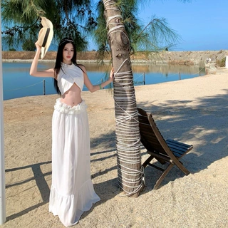 绝美海岛度假纯欲辣妹设计感交叉挂脖上衣立体花朵大摆长裙两件套