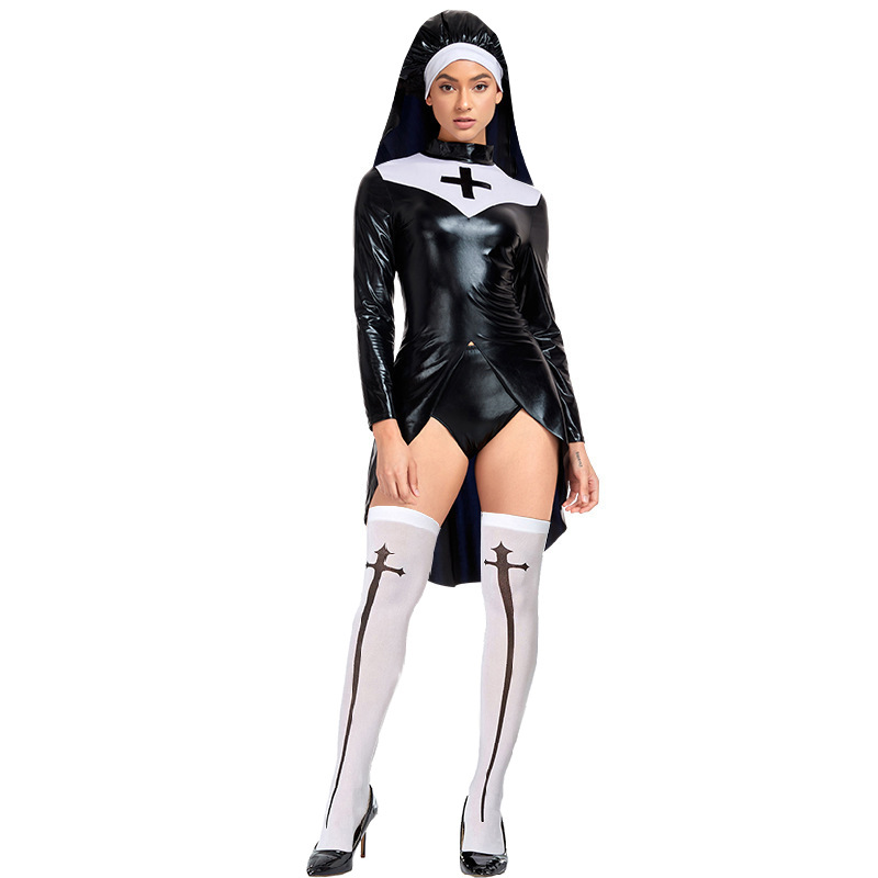Disfraces de Halloween 2024 Uniforme de monja de cuero S-XL Disfraz de Halloween Disfraz de monja punk de cuero PU Disfraz de monja Ropa COS
