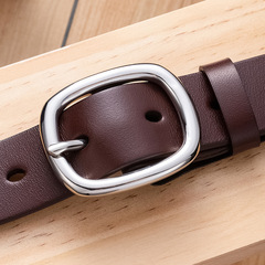 New plain leather belt for women, versatile stainless steel round buckle thin belt for women, genuine leather decorative trouser belt wholesale