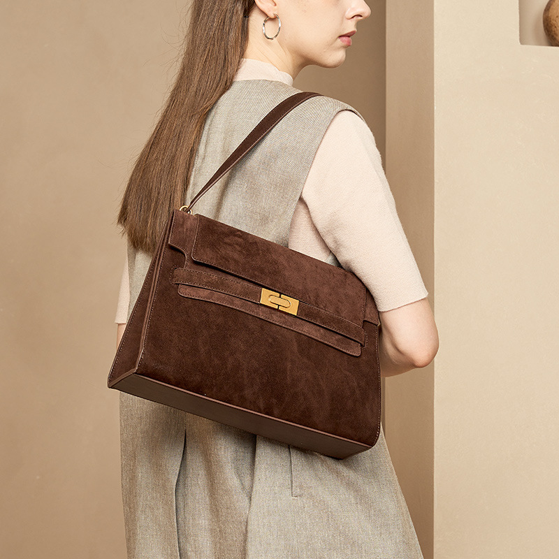 Luxury Genuine Leather Underarm Bag For Women Retro Suede Cowhide Commuter High-End Large Capacity Shoulder Tote Bag - Thumbnail 2