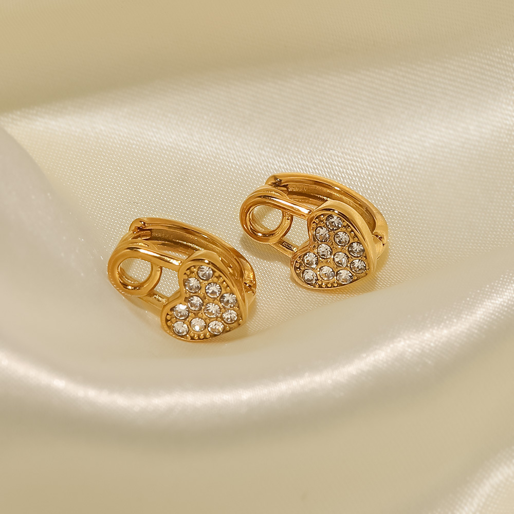 Fashion Geometric Heart Shape Stainless Steel Rhinestones Hoop Earrings 1 Pair