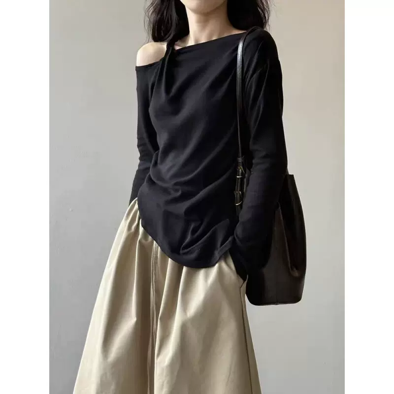 长袖T恤女设计感小众港风洋气露肩上衣百搭打底宽松纯色显瘦薄款