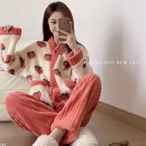 Duckling Peach Osmanthus Coral Fleece Pyjama Set for Women 2024 New Autumn and Winter Thick Long Bath Robe