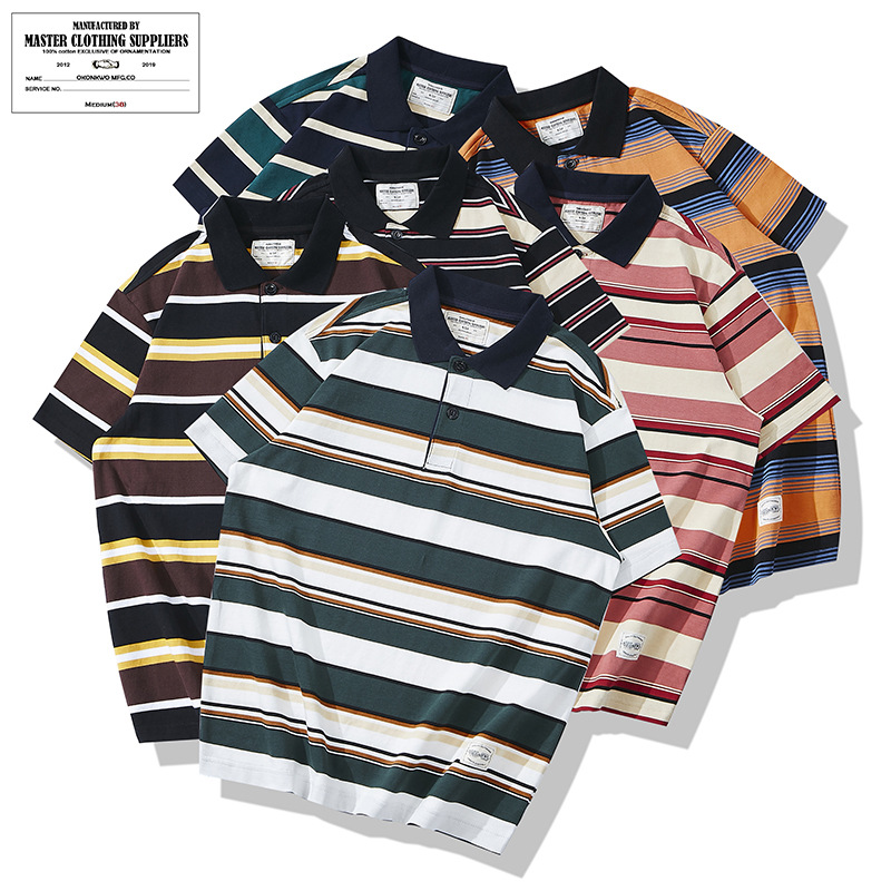 OKONKWO Color irregular a juego solapa gruesa camiseta a rayas gruesa manga corta Camisa de Polo a rayas