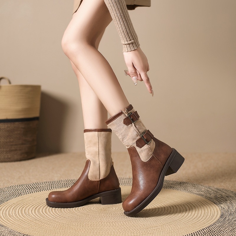 Vintage high-heeled booties Women's boots New fall/winter belt buckle mid-calf single boot chunky heel boots_voghion.com