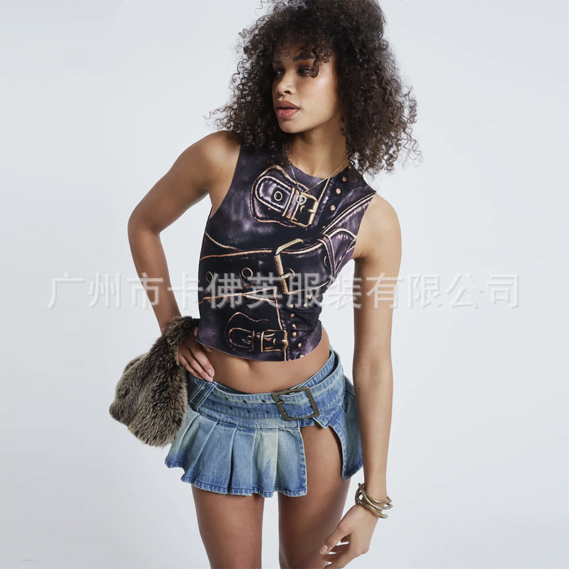 Ins Street Fashion Brand European and American Y2K Millennium Sexy Cool Music Festival Motorcycle Retro Imitation Leather Printed T-Shirt Vest