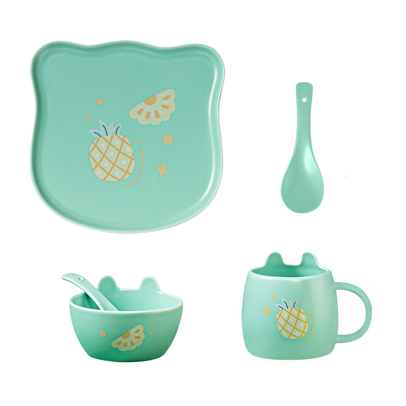 Juego de 4 piezas de vajilla de cerámica con diseño de frutas - Para niños y bebés - Apto para horno - Incluye platos y tazón de sopa