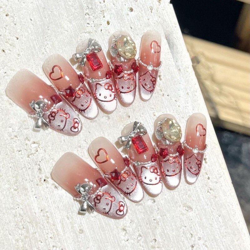 Purely Handmade Manicure, Wearable Nails, Sweet and Cool Sexy Red Kitty Cat Eye Bow, Whitening Personalized Manicure, Cute