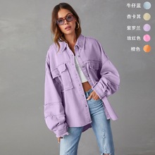 跨境外贸休闲长袖牛仔外套2025秋季新款水洗纯色中长款夹克