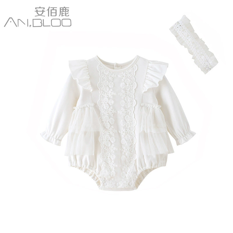 Explosions Spring and Autumn Princess Ha Clothes Female Baby Long Sleeve Bag Fart Clothes Small Flying Sleeve Jumpsuit Baby Clothes Hair Belt