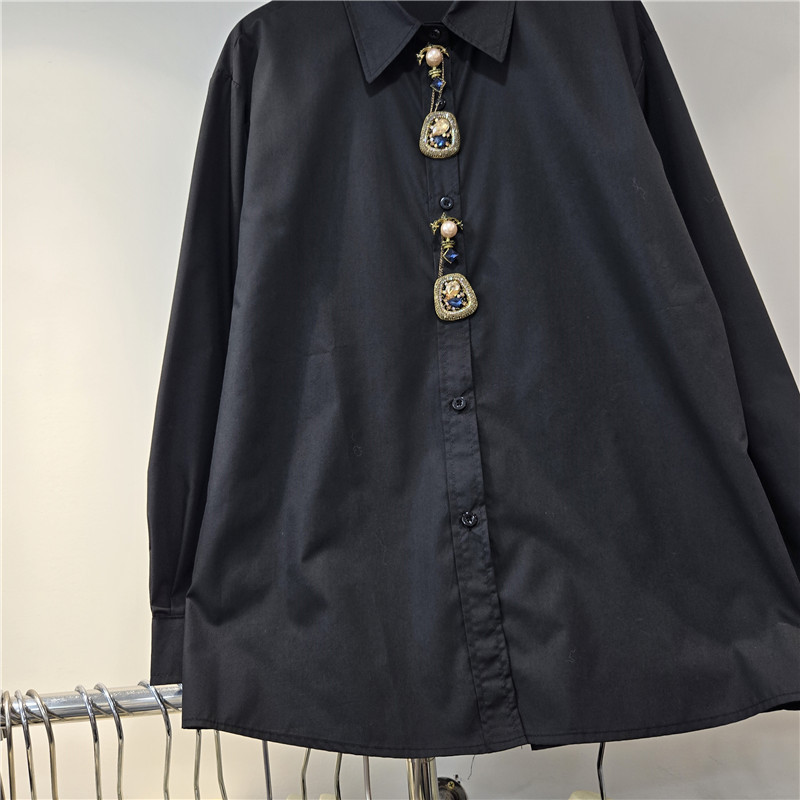 Retro americano otoño 2025 nueva industria pesada botones tridimensionales con diamantes súper bonitos moda de camisas sueltas femeninas