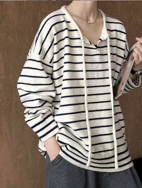 撞色条纹针织衫女春秋新款宽松慵懒系带套头毛衣休闲减龄百搭上衣|undefined