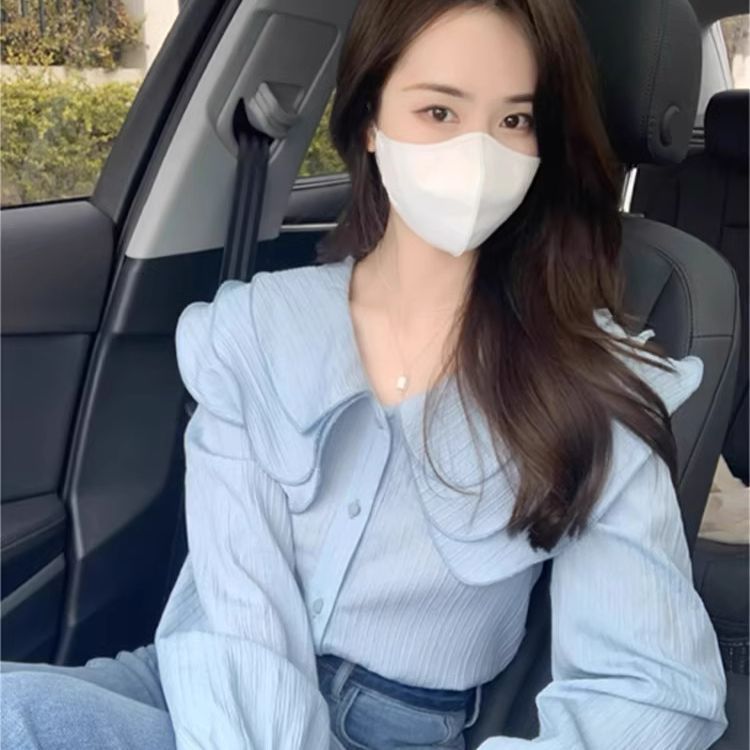 蓝色娃娃领衬衫女装春夏季新品感内搭打底衬衣洋气新品感小众上衣