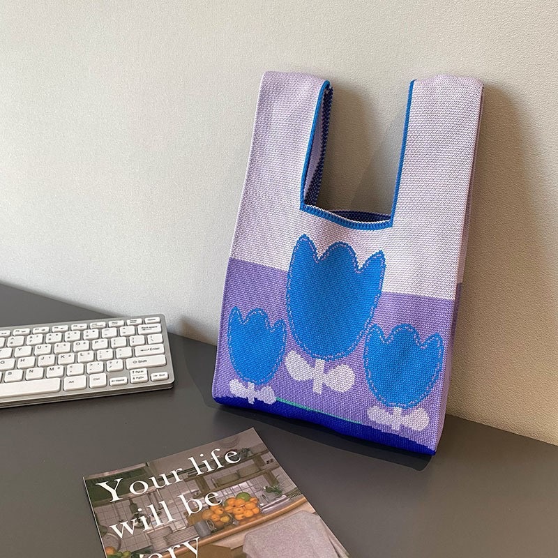 INS bolso de celebridad de Internet bolso de cubo de lana de punto para mujer bolso de mano casual bolso de mano de estilo japonés y coreano bolsa de Almuerzo