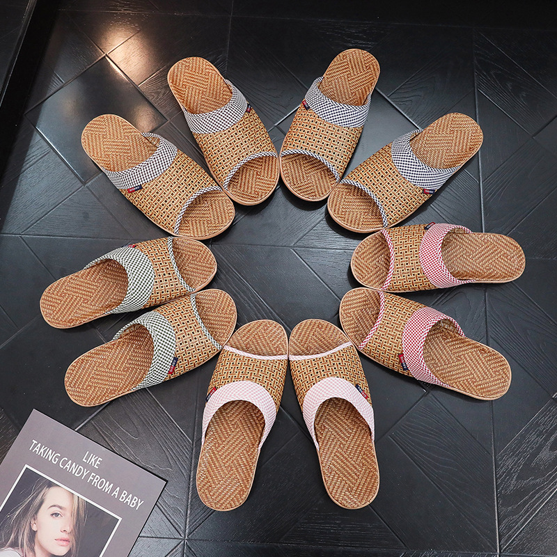 Summer New Linen Slippers for Men and Women Household Indoor Silent EVA Soft Bottom Sweat Absorbing Home Couple Sandals and Slippers
