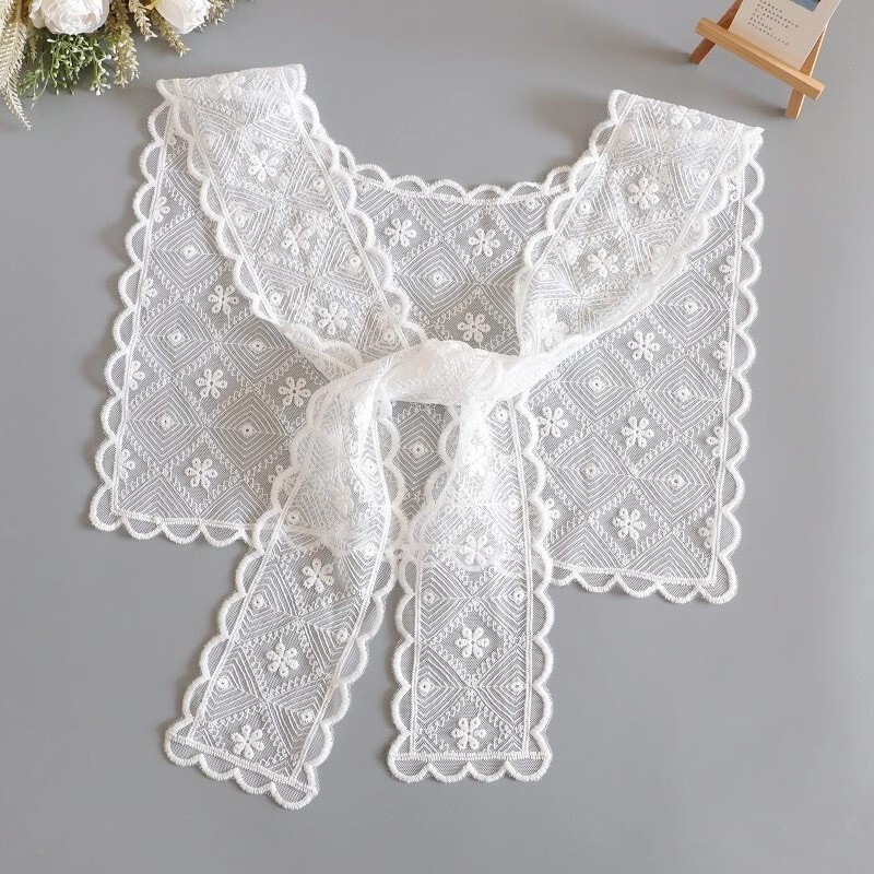 French-Style Cute Lace Trim Silk Scarf Can Be Used as a Belt for Women, New Sweet Navy Collar Shawl for Spring Paired with a Shirt