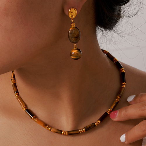 Leatherback-style retro niche temperament elegant jewelry tiger's eye bead design sense titanium steel gold-plated jewelry set
