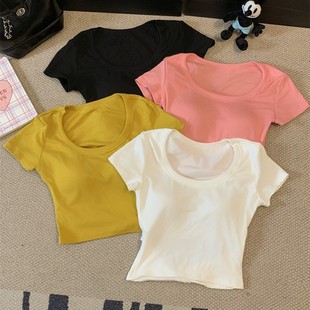 Ram Fashion Spice Girl Pure Wants Round Neck Shoulder Vest Beautiful Back Comfortable All-match Short Short Sleeve Top with Chest Pad