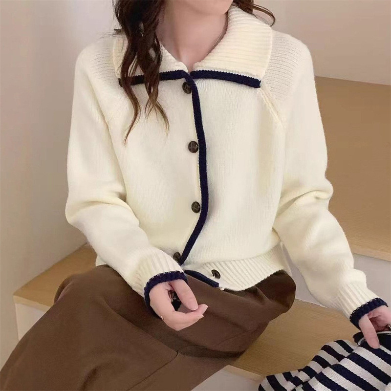 温柔风撞色翻领简约气质针织开衫女秋冬新款减龄洋气短款毛衣外套|undefined