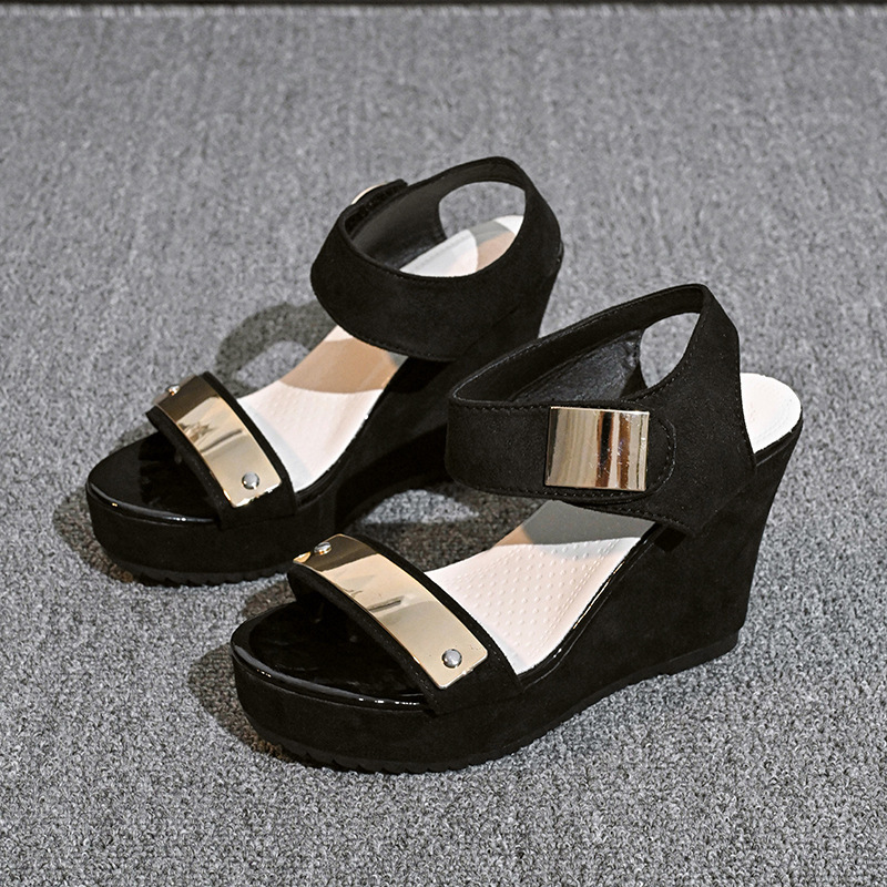 Aliexpress Amazon Cross-Border New High-Heeled Wedge Sandals Fashionable Women's Round-Toe Velcro Sandals Aliexpress Amazon Cross-Border New High-Heeled Wedge Sandals Fashionable Women's Round-Toe Velcro Sandals