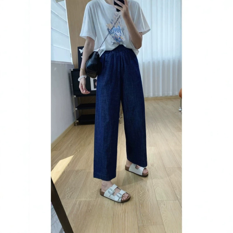 Lightweight and Breathable Linen Denim! Elastic Waistband, Hip-Covering, Slimming Straight-Leg Jeans for Women, Summer Thin Style, Cropped Pants Lightweight and Breathable Linen Denim! Elastic Waistband, Hip-Covering, Slimming Straight-Leg Jeans for Women, Summer Thin Style, Cropped Pants