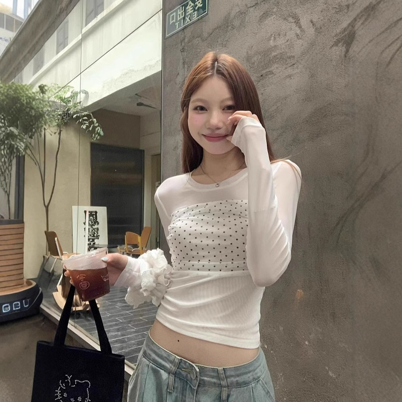 Design Sense Double-layer Mesh Polo Dot T-shirt Women's Spring 2025 New Korean Style Slim-fit Slimming Stitching Long-sleeved Top