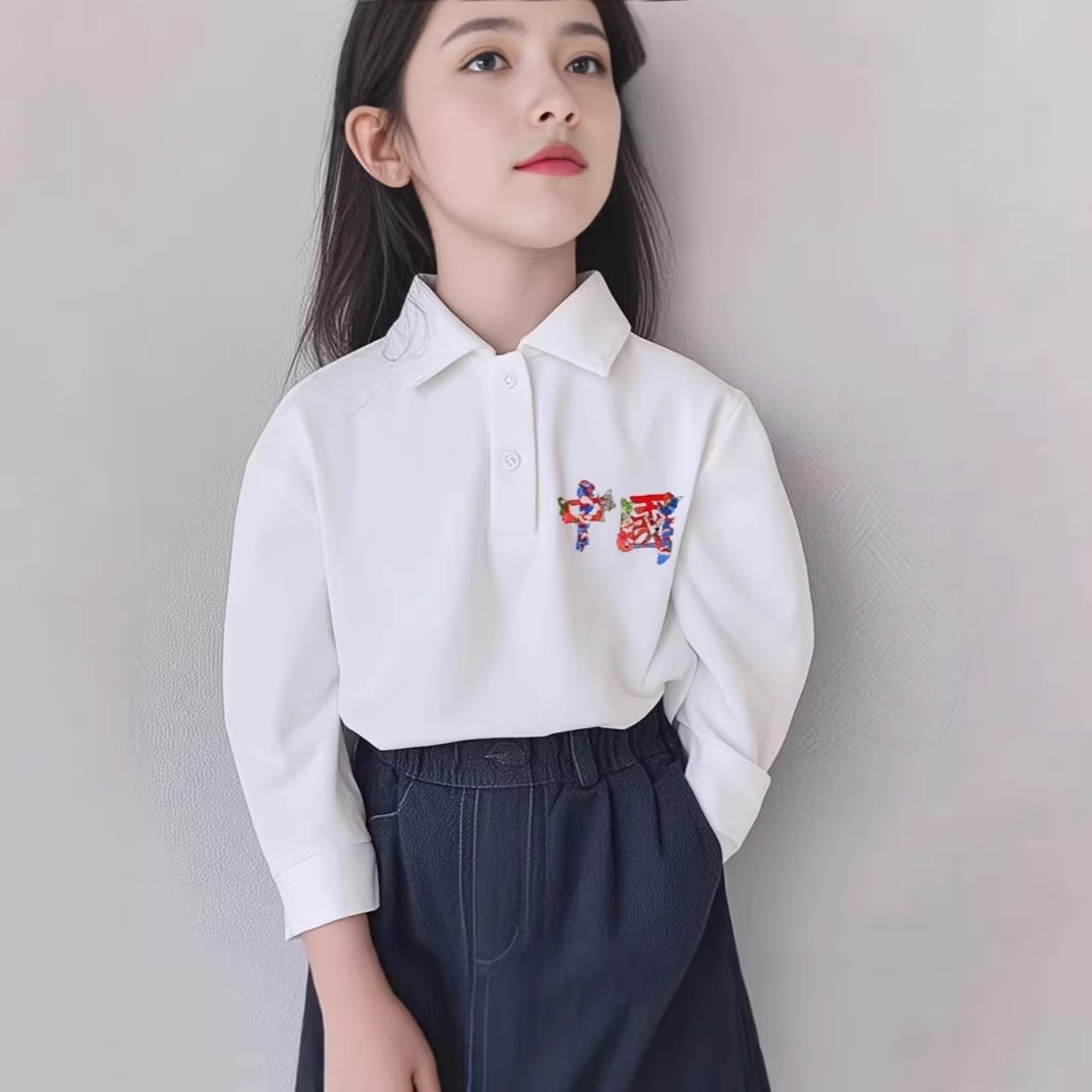 春秋款儿童纯棉国潮polo衫上衣小学生活动服装男女童翻领长袖衣服