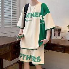 休闲套装男夏季薄款华夫格短袖t恤男装青少年搭配一套篮球衣服潮