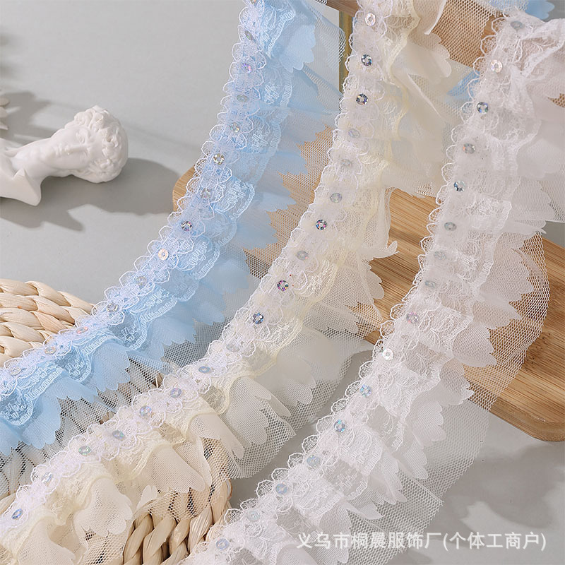Double layer 5cm sequins chiffon yarn embossed lace color mesh pleated lace DIY home textile dress accessories wholesale