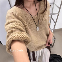 宽松v领马海毛慵懒毛衣~韩系2024秋季新冰岛毛针织衫气氛感女M510