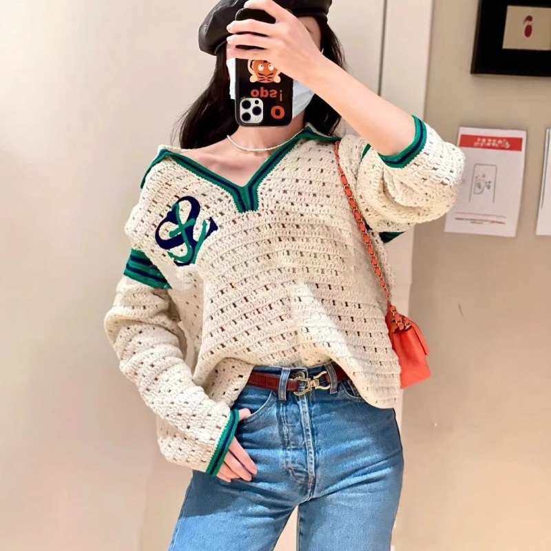 French Brand S's 2022 Early Autumn New Style Slightly Hollowed-Out Wool Coarse-Knit Embroidered Letter Long-Sleeve Knit Top for Women French Brand S's 2022 Early Autumn New Style Slightly Hollowed-Out Wool Coarse-Knit Embroidered Letter Long-Sleeve Knit Top for Women