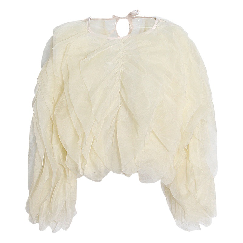 Blusa Corta Elegante y Moderna, Estilo Primavera-Otoño 2026, Camisa de Alta Gama con Cuello Redondo y Volantes para Mujer