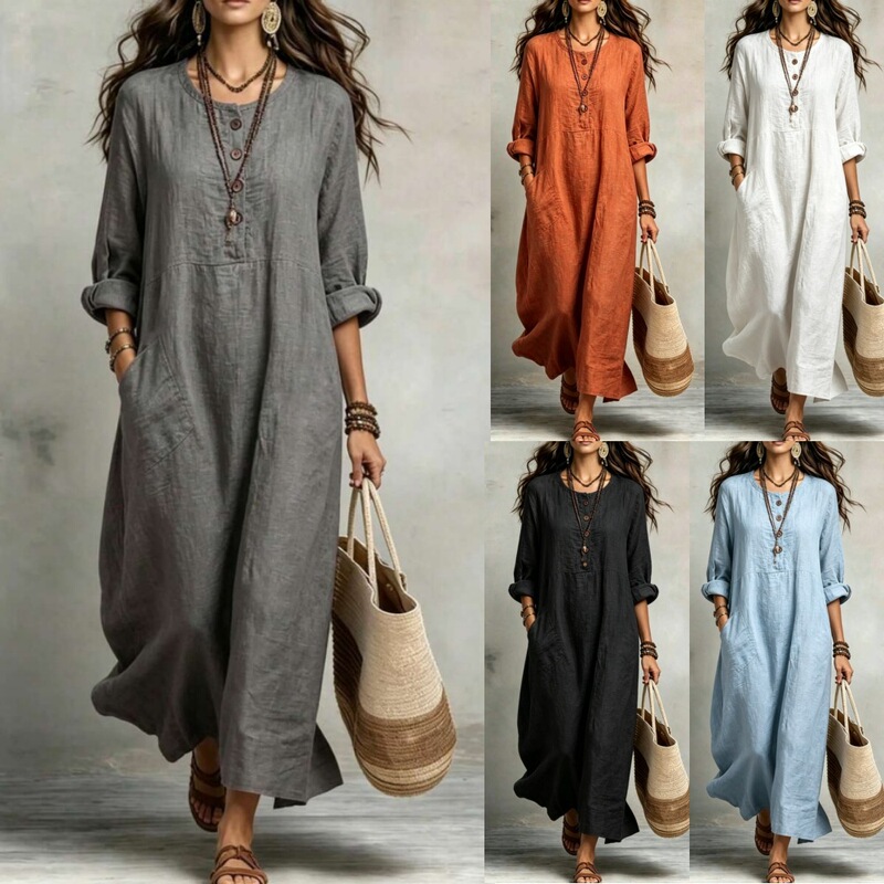 2026 Summer New European and American Cross-Border Foreign Trade Amazon Women's Cotton and Linen Round Neck Long Sleeve Pocket Casual Dress 2026 Summer New European and American Cross-Border Foreign Trade Amazon Women's Cotton and Linen Round Neck Long Sleeve Pocket Casual Dress