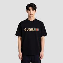 可授权古琦利/GUQILI金色字母条纹印花短袖T恤重磅棉宽松现货代发