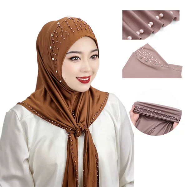 Hij62502 Cross-Border Women's Headscarf Convenient Pullover Hat Beaded Scarf Malay Shawl Women's Solid Color Headscarf