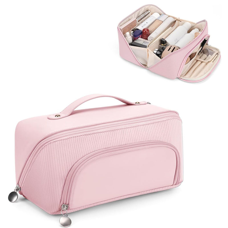 Capacious handheld cosmetic bag for traveling