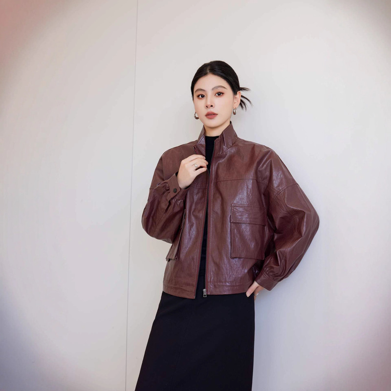 Spring and Autum New Stand-Up Collar Women's Leather Jacket Loose and Versatile Oil Wax Leather Jacket European and American Style Short Jacket Spring and Autum New Stand-Up Collar Women's Leather Jacket Loose and Versatile Oil Wax Leather Jacket European and American Style Short Jacket