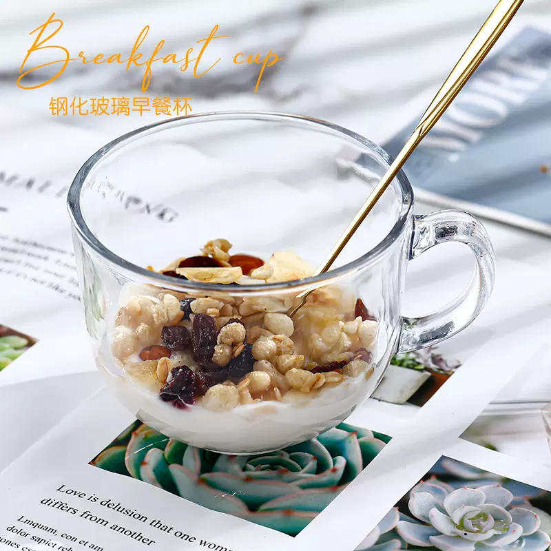 大容量玻璃杯家用早餐燕麦杯透明牛奶咖啡杯带盖带勺ins风杯ins风