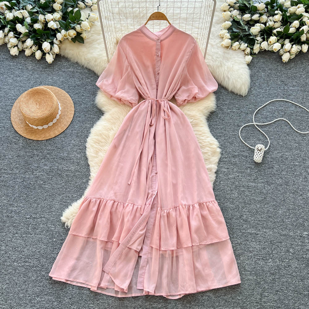 French Gentle Style Lantern Sleeve Single-Breasted Strap Waist Ruffle Dress Women's Sweet Shiny Long Skirt