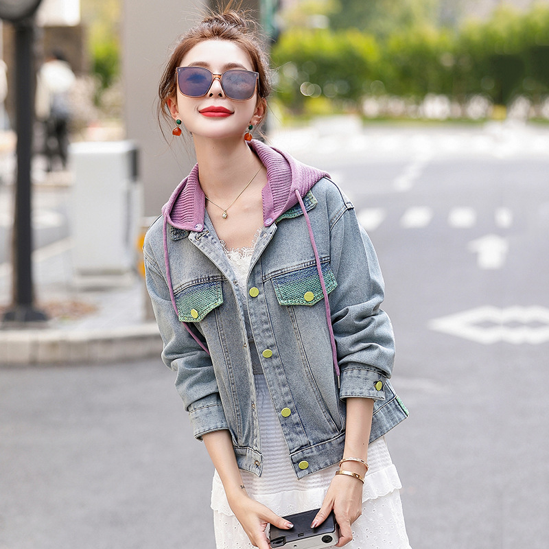 韩系撞色针织连帽牛仔外套女2025春季新款小个子洋气减龄夹克上衣