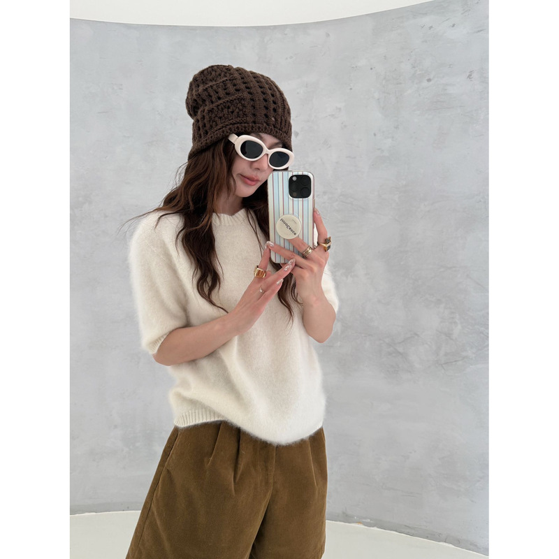 Cashmere Brushed Wool Crew Neck Knitted Short-Sleeve Sweater 67.5kg Unique Item