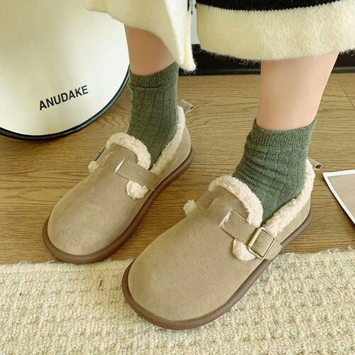 Wool-lined warm retro flat fuzzy shoes for women, outdoor wear casual shoes for autumn and winter, soft bottom comfortable moccasin shoes