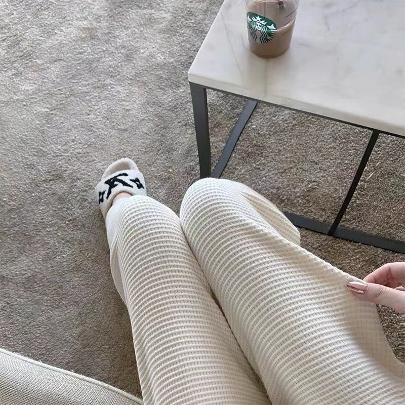 24 New Wool Tricolor Waffle Waffle Knitted Pants Autumn All-match Straight High Waist Wide-leg Pants for Women