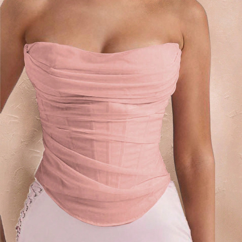 Nuevo estilo transfronterizo europeo y americano plisado malla tubo top hueso de pescado sujetador cintura fruncido abdomen corte fajas corset