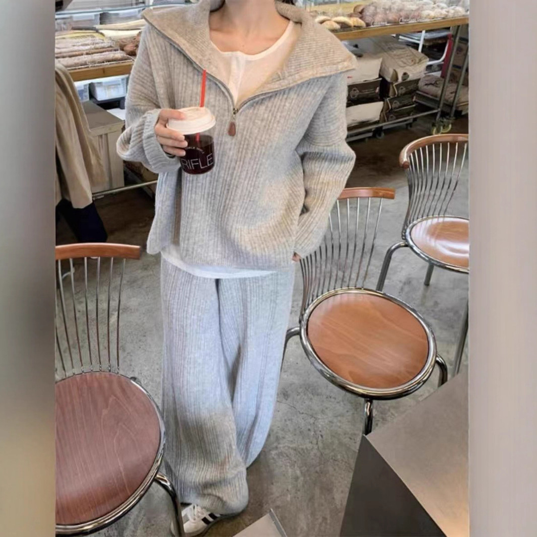 针织衫毛衣套装女2025秋冬新款休闲慵懒风温柔风上衣阔腿裤两件套